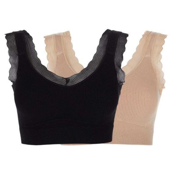 Rhonda Shear 2pk Forever Stretch Ahh Ribbed Knit Bra w/Lace Trim X LARGE - Picture 7 of 8